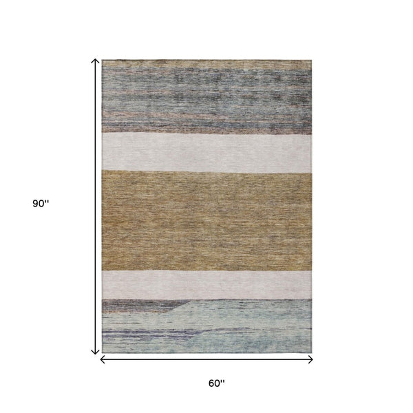 HomeRoots 5' Abstract Washable Area Rug in Brown, Ivory, and Blue – Durable Style for Indoor and Outdoor Use 5' X 8' 615273