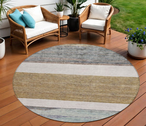 HomeRoots 5' Abstract Washable Area Rug in Brown, Ivory, and Blue – Durable Style for Indoor and Outdoor Use 8' Round 615274