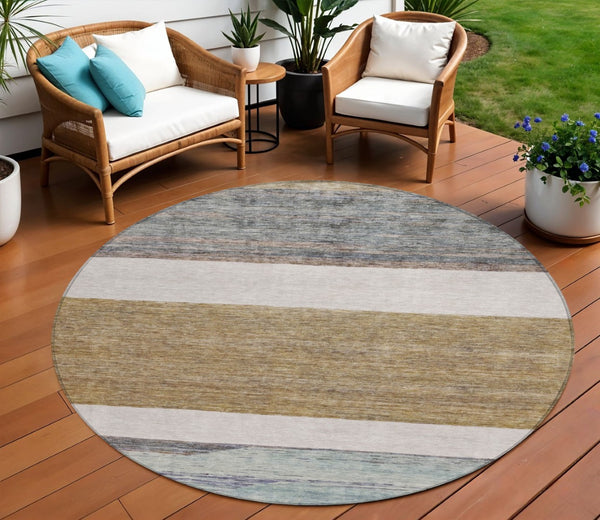 HomeRoots 5' Abstract Washable Area Rug in Brown, Ivory, and Blue – Durable Style for Indoor and Outdoor Use 8' Round 615274