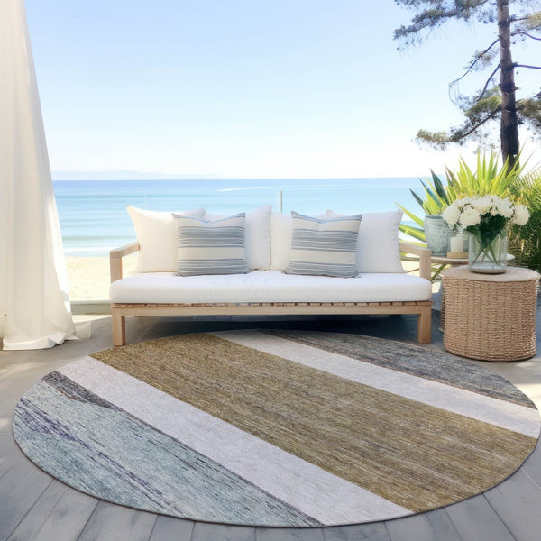 HomeRoots 5' Abstract Washable Area Rug in Brown, Ivory, and Blue – Durable Style for Indoor and Outdoor Use 8' Round 615274