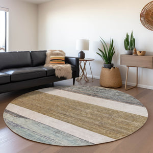 HomeRoots 5' Abstract Washable Area Rug in Brown, Ivory, and Blue – Durable Style for Indoor and Outdoor Use 8' Round 615274
