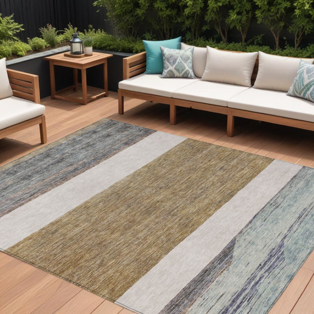 HomeRoots 5' Abstract Washable Area Rug in Brown, Ivory, and Blue – Durable Style for Indoor and Outdoor Use 10' X 14' 615277