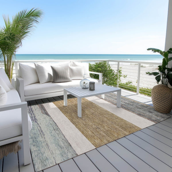 HomeRoots 5' Abstract Washable Area Rug in Brown, Ivory, and Blue – Durable Style for Indoor and Outdoor Use 10' X 14' 615277
