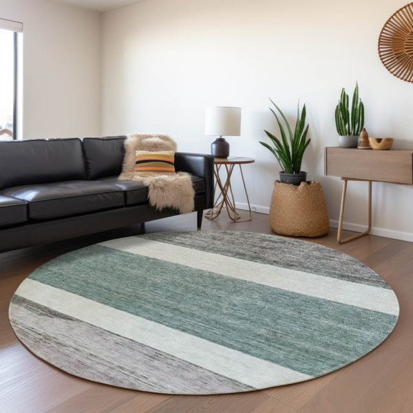 HomeRoots 5' Stylish Teal Blue and Gray Abstract Area Rug - Washable, Durable, Indoor/Outdoor Versatile Design 8' Round 615298