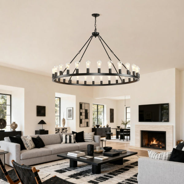 English Elm 39.4 Inch Wagon Wheel Chandelier 12-light Matte Black Farmhouse Pendant for Foyer Dining W5008P389282