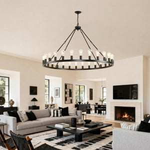 English Elm 53.15 Inch Wagon Wheel Chandelier Matte Black 18 Light Farmhouse Industrial Large Room W5008P389306