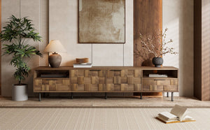 English Elm Mid Century Modern Tv Stand 79 Inch Wood Tone Console with Drawers for Living Room N710P401530P