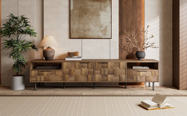 English Elm Mid Century Modern Tv Stand 79 Inch Wood Tone Console with Drawers for Living Room N710P401530P