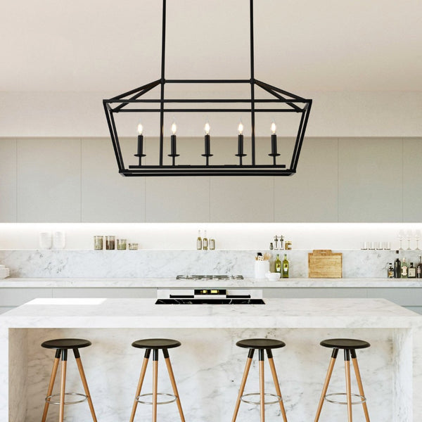 English Elm 5-light Industrial Farmhouse Chandelier Matte Black Metal Linear Pendant for Kitchen Island W5008P465021