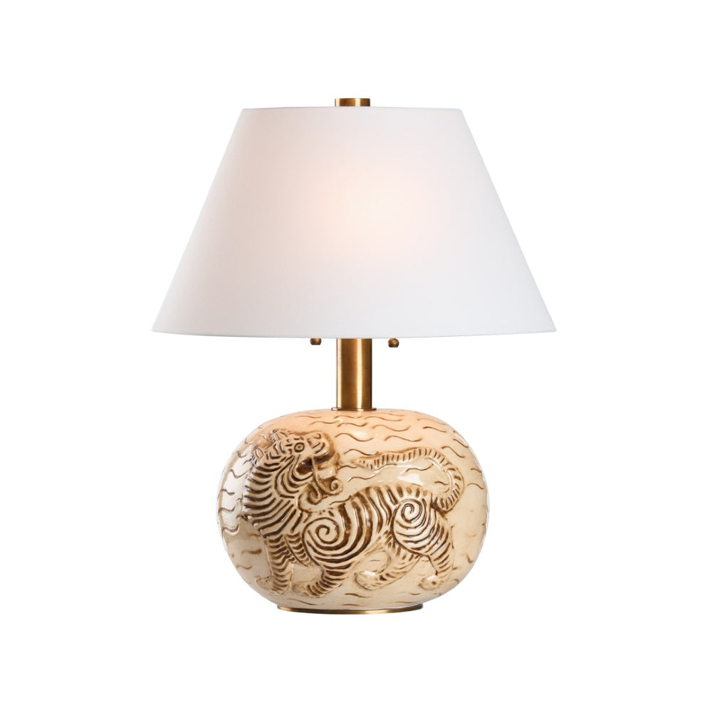Wildwood Tibetan Tiger Lamp — Hand-Glazed Ceramic Sculpture With Antique Brass Accents And Soft White Shade (28") 61531