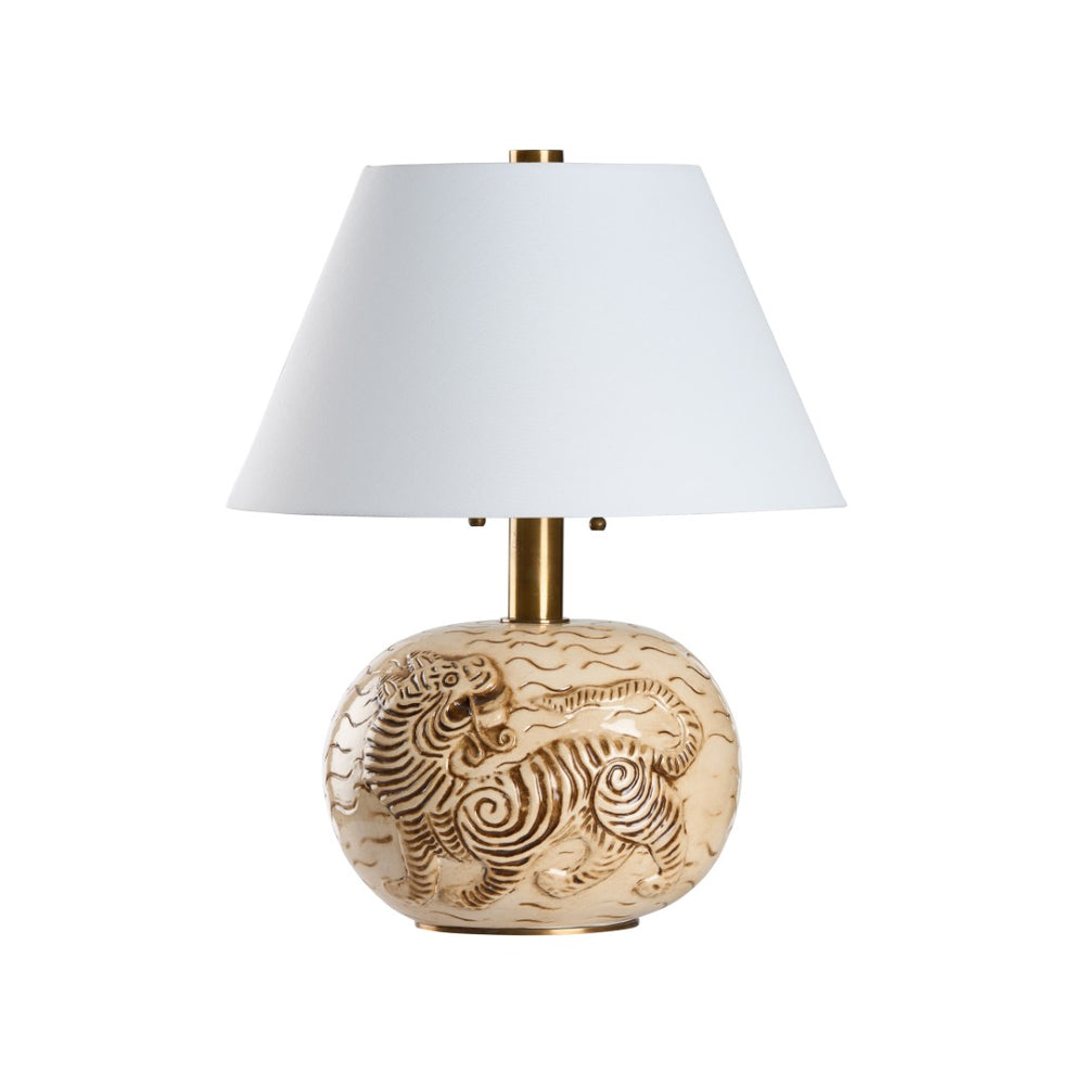 Wildwood Tibetan Tiger Lamp — Hand-Glazed Ceramic Sculpture With Antique Brass Accents And Soft White Shade (28") 61531