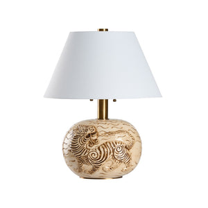 Wildwood Tibetan Tiger Lamp — Hand-Glazed Ceramic Sculpture With Antique Brass Accents And Soft White Shade (28") 61531