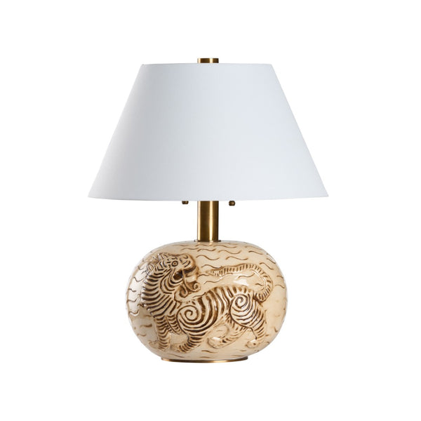 Wildwood Tibetan Tiger Lamp — Hand-Glazed Ceramic Sculpture With Antique Brass Accents And Soft White Shade (28") 61531