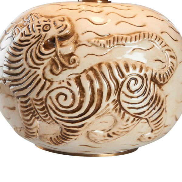 Wildwood Tibetan Tiger Lamp — Hand-Glazed Ceramic Sculpture With Antique Brass Accents And Soft White Shade (28") 61531