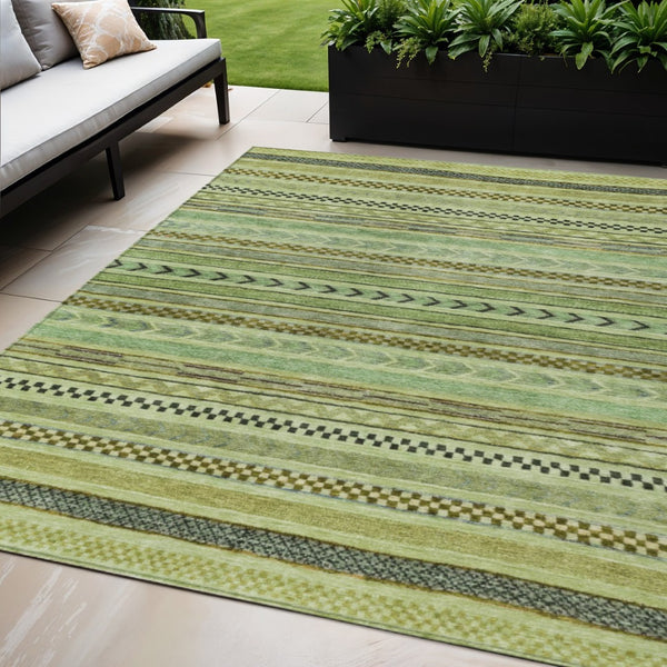 HomeRoots 5' Stylish Artichoke Green & Taupe Striped Washable Indoor-Outdoor Rug for Easy Care & Versatility 615315