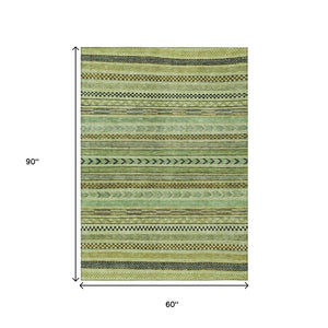 HomeRoots 5' Stylish Artichoke Green & Taupe Striped Washable Indoor-Outdoor Rug for Easy Care & Versatility 615315