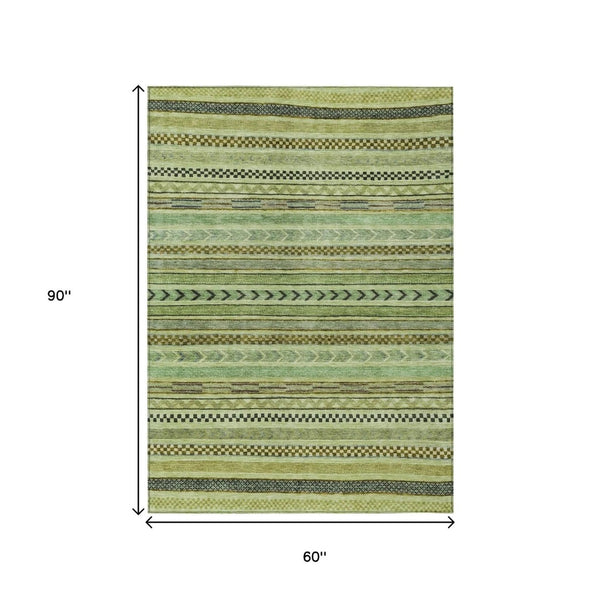 HomeRoots 5' Stylish Artichoke Green & Taupe Striped Washable Indoor-Outdoor Rug for Easy Care & Versatility 615315