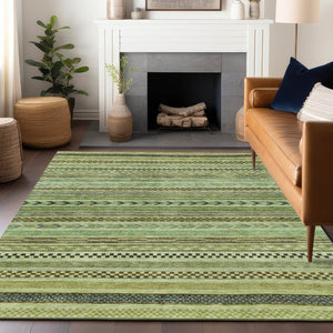 HomeRoots 5' Stylish Artichoke Green & Taupe Striped Washable Indoor-Outdoor Rug for Easy Care & Versatility 615315