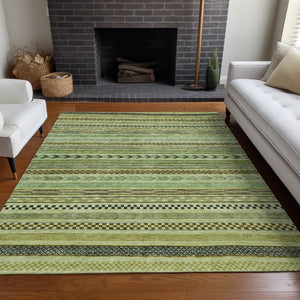 HomeRoots 5' Stylish Artichoke Green & Taupe Striped Washable Indoor-Outdoor Rug for Easy Care & Versatility 615315