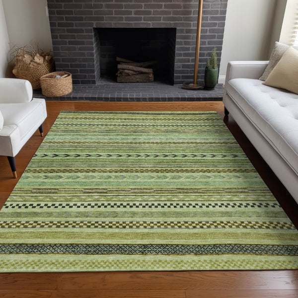 HomeRoots 5' Stylish Artichoke Green & Taupe Striped Washable Indoor-Outdoor Rug for Easy Care & Versatility 615315