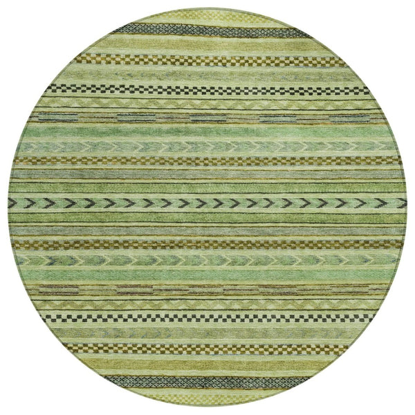 HomeRoots 8' Modern Artichoke Green and Taupe Round Striped Area Rug - Stylish, Washable, Indoor/Outdoor Use Aloe 8' x 8' 615316