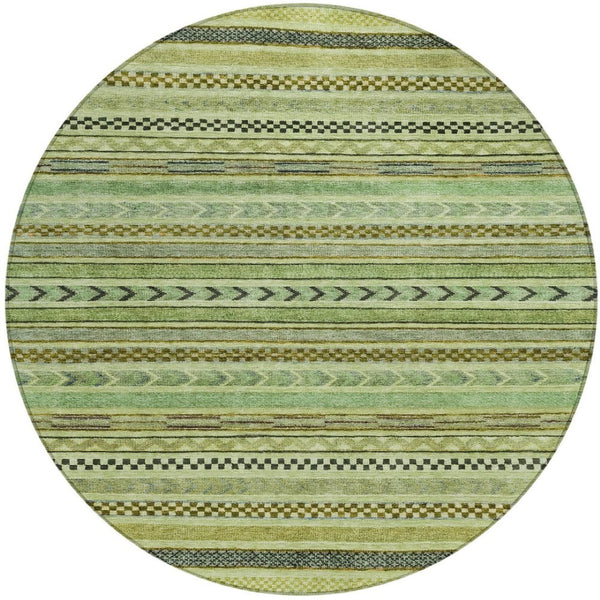 HomeRoots 8' Modern Artichoke Green and Taupe Round Striped Area Rug - Stylish, Washable, Indoor/Outdoor Use Aloe 8' x 8' 615316