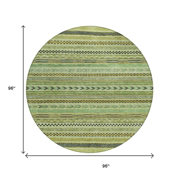 HomeRoots 8' Modern Artichoke Green and Taupe Round Striped Area Rug - Stylish, Washable, Indoor/Outdoor Use Aloe 8' x 8' 615316