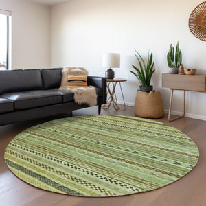 HomeRoots 8' Modern Artichoke Green and Taupe Round Striped Area Rug - Stylish, Washable, Indoor/Outdoor Use Aloe 8' x 8' 615316