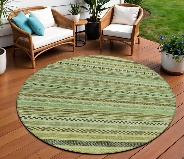 HomeRoots 8' Modern Artichoke Green and Taupe Round Striped Area Rug - Stylish, Washable, Indoor/Outdoor Use Aloe 8' x 8' 615316