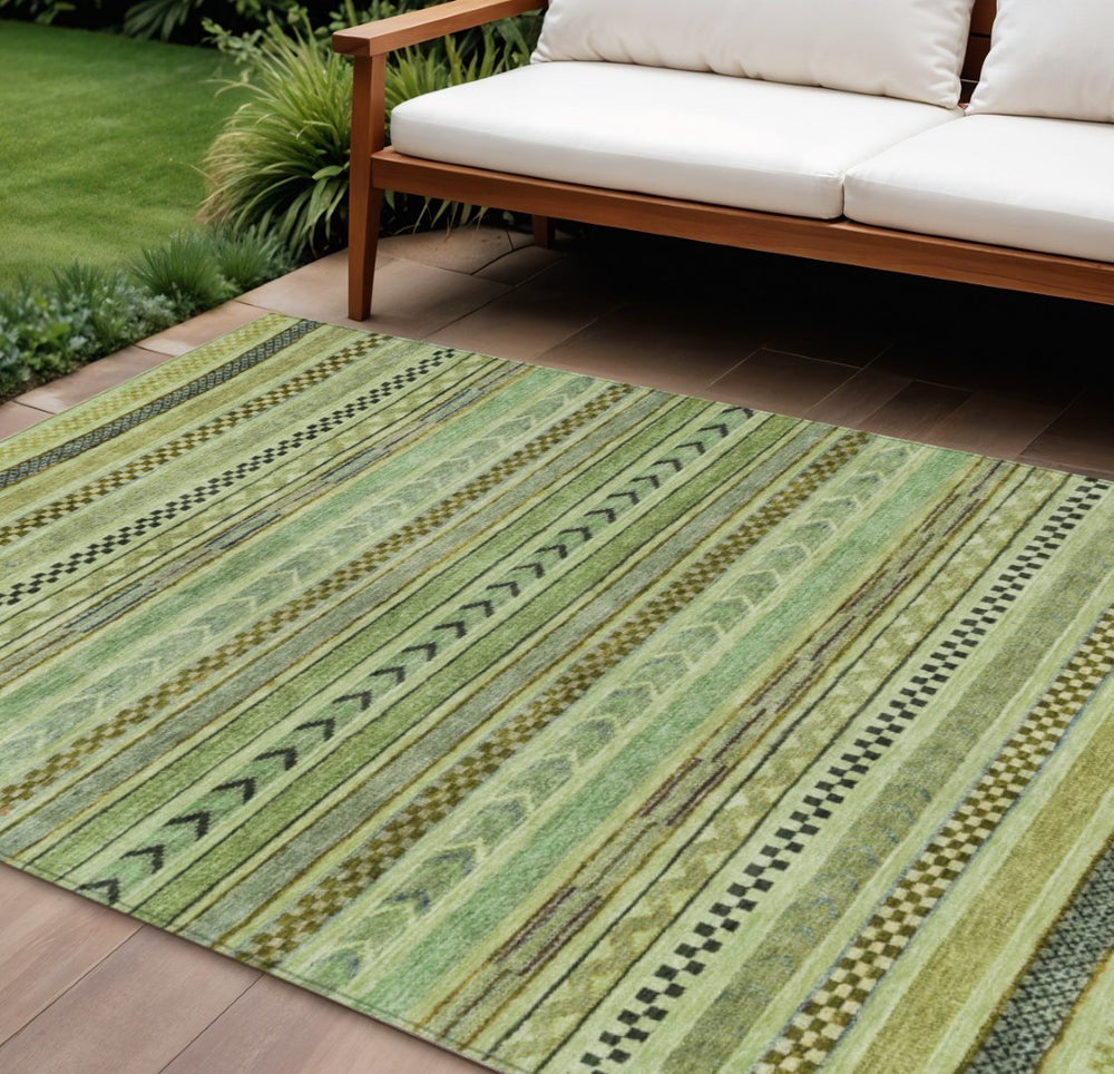 HomeRoots 8' X 10' Artichoke Green & Taupe Striped Area Rug - Durable, Washable for Indoor/Outdoor Use! 615317