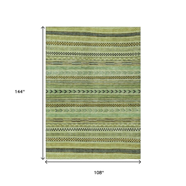 HomeRoots 9' X 12' Artichoke Green & Taupe Striped Area Rug - Durable, Washable, Chic for Indoor & Outdoor Spaces 615318