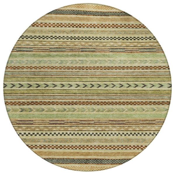HomeRoots 8' Modern Artichoke Green and Taupe Round Striped Area Rug - Stylish, Washable, Indoor/Outdoor Use Beige 8' x 8' 615322