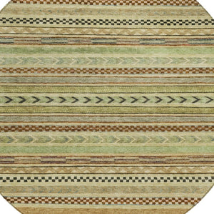 HomeRoots 8' Modern Artichoke Green and Taupe Round Striped Area Rug - Stylish, Washable, Indoor/Outdoor Use Beige 8' x 8' 615322