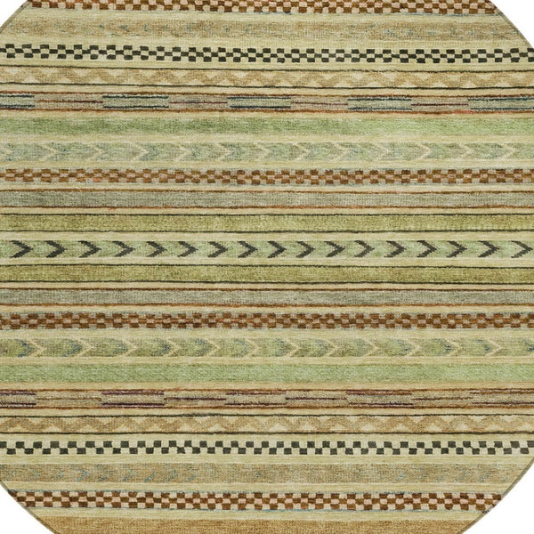 HomeRoots 8' Modern Artichoke Green and Taupe Round Striped Area Rug - Stylish, Washable, Indoor/Outdoor Use Beige 8' x 8' 615322
