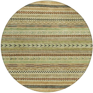 HomeRoots 8' Modern Artichoke Green and Taupe Round Striped Area Rug - Stylish, Washable, Indoor/Outdoor Use Beige 8' x 8' 615322