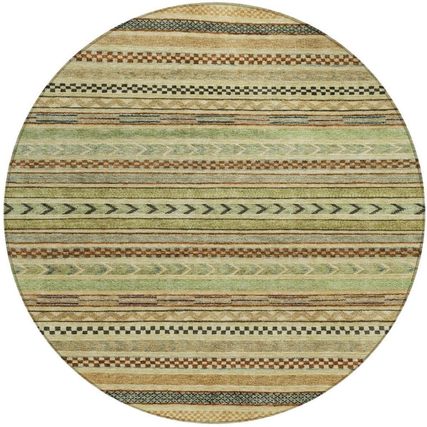 HomeRoots 8' Modern Artichoke Green and Taupe Round Striped Area Rug - Stylish, Washable, Indoor/Outdoor Use Beige 8' x 8' 615322