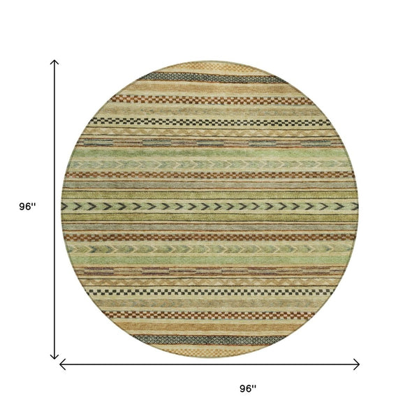 HomeRoots 8' Modern Artichoke Green and Taupe Round Striped Area Rug - Stylish, Washable, Indoor/Outdoor Use Beige 8' x 8' 615322