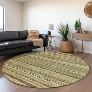 HomeRoots 8' Modern Artichoke Green and Taupe Round Striped Area Rug - Stylish, Washable, Indoor/Outdoor Use Beige 8' x 8' 615322
