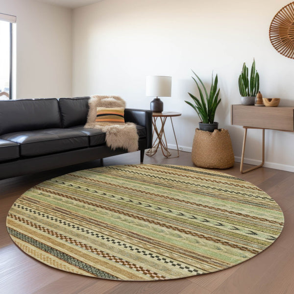 HomeRoots 8' Modern Artichoke Green and Taupe Round Striped Area Rug - Stylish, Washable, Indoor/Outdoor Use Beige 8' x 8' 615322