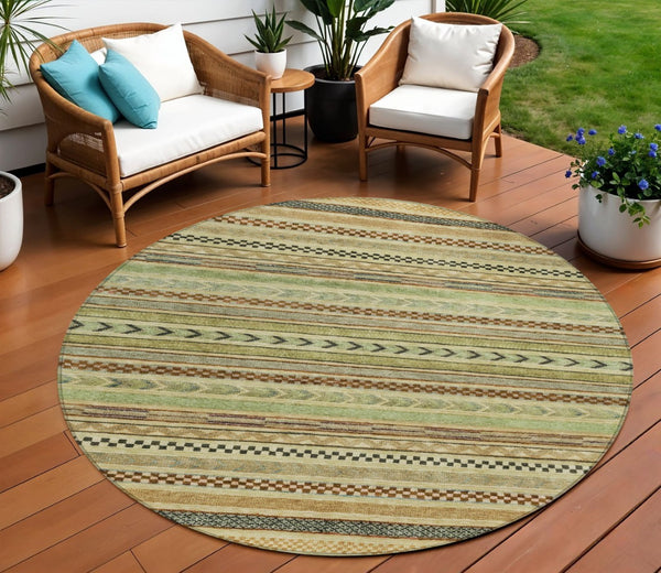 HomeRoots 8' Modern Artichoke Green and Taupe Round Striped Area Rug - Stylish, Washable, Indoor/Outdoor Use Beige 8' x 8' 615322