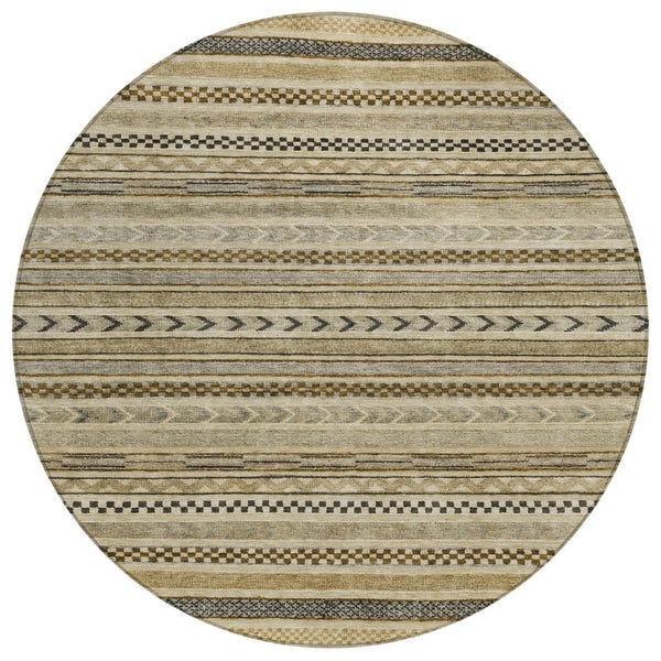 HomeRoots 5' Chocolate and Taupe Striped Washable Area Rug for Indoor and Outdoor Spaces, Durable & Stylish 8' Round 615334