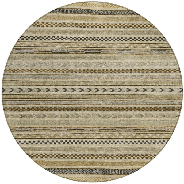 HomeRoots 5' Chocolate and Taupe Striped Washable Area Rug for Indoor and Outdoor Spaces, Durable & Stylish 8' Round 615334