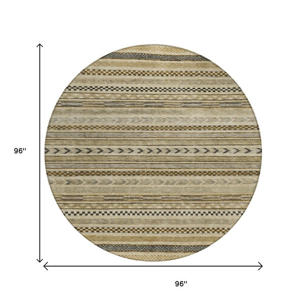 HomeRoots 5' Chocolate and Taupe Striped Washable Area Rug for Indoor and Outdoor Spaces, Durable & Stylish 8' Round 615334