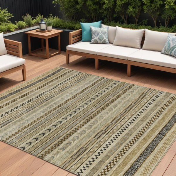 HomeRoots 5' Chocolate and Taupe Striped Washable Area Rug for Indoor and Outdoor Spaces, Durable & Stylish 8' X 10' 615335