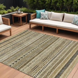 HomeRoots 5' Chocolate and Taupe Striped Washable Area Rug for Indoor and Outdoor Spaces, Durable & Stylish 10' X 14' 615337