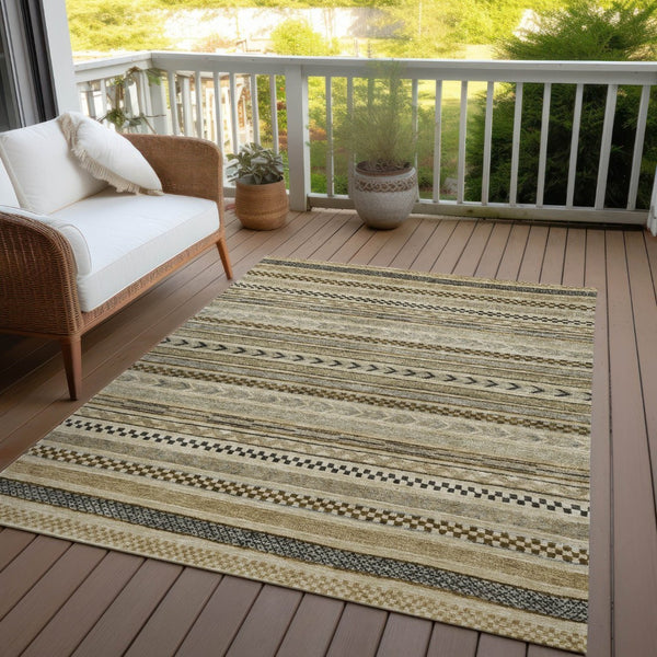 HomeRoots 5' Chocolate and Taupe Striped Washable Area Rug for Indoor and Outdoor Spaces, Durable & Stylish 10' X 14' 615337