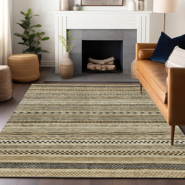 HomeRoots 5' Chocolate and Taupe Striped Washable Area Rug for Indoor and Outdoor Spaces, Durable & Stylish 10' X 14' 615337