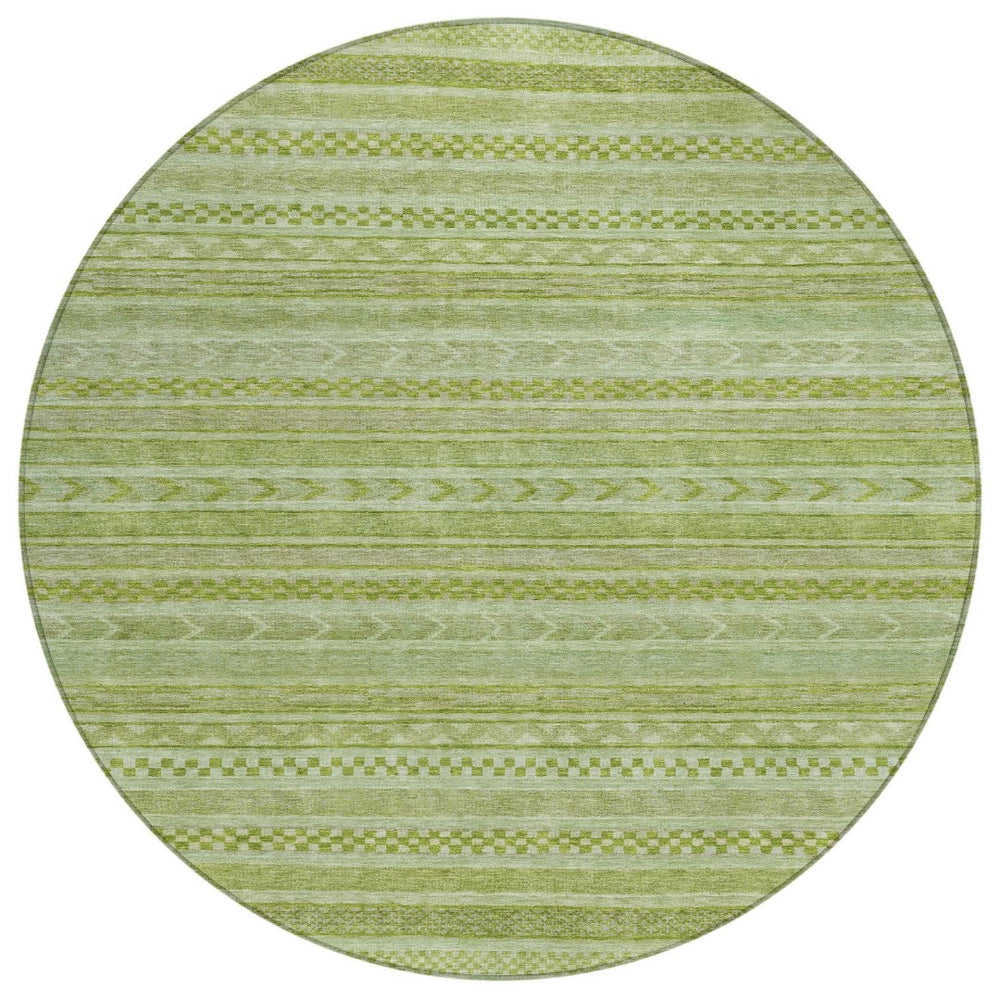HomeRoots 5' Stylish Fern Green and Sage Striped Washable Rug for Indoor and Outdoor Spaces – Easy Care! 8' Round 615340