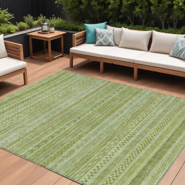 HomeRoots 5' Stylish Fern Green and Sage Striped Washable Rug for Indoor and Outdoor Spaces – Easy Care! 8' X 10' 615341