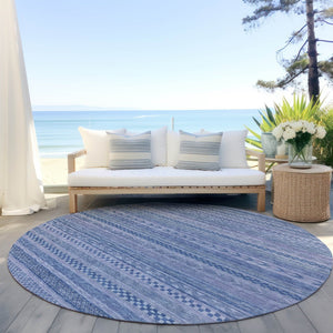 HomeRoots 5' Stylish Denim and Sky Blue Striped Area Rug for Indoor or Outdoor Use - Durable & Washable 8' Round 615346